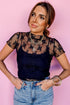 Black Floral Sheer Mesh Short Sleeve Mock Neck Blouse